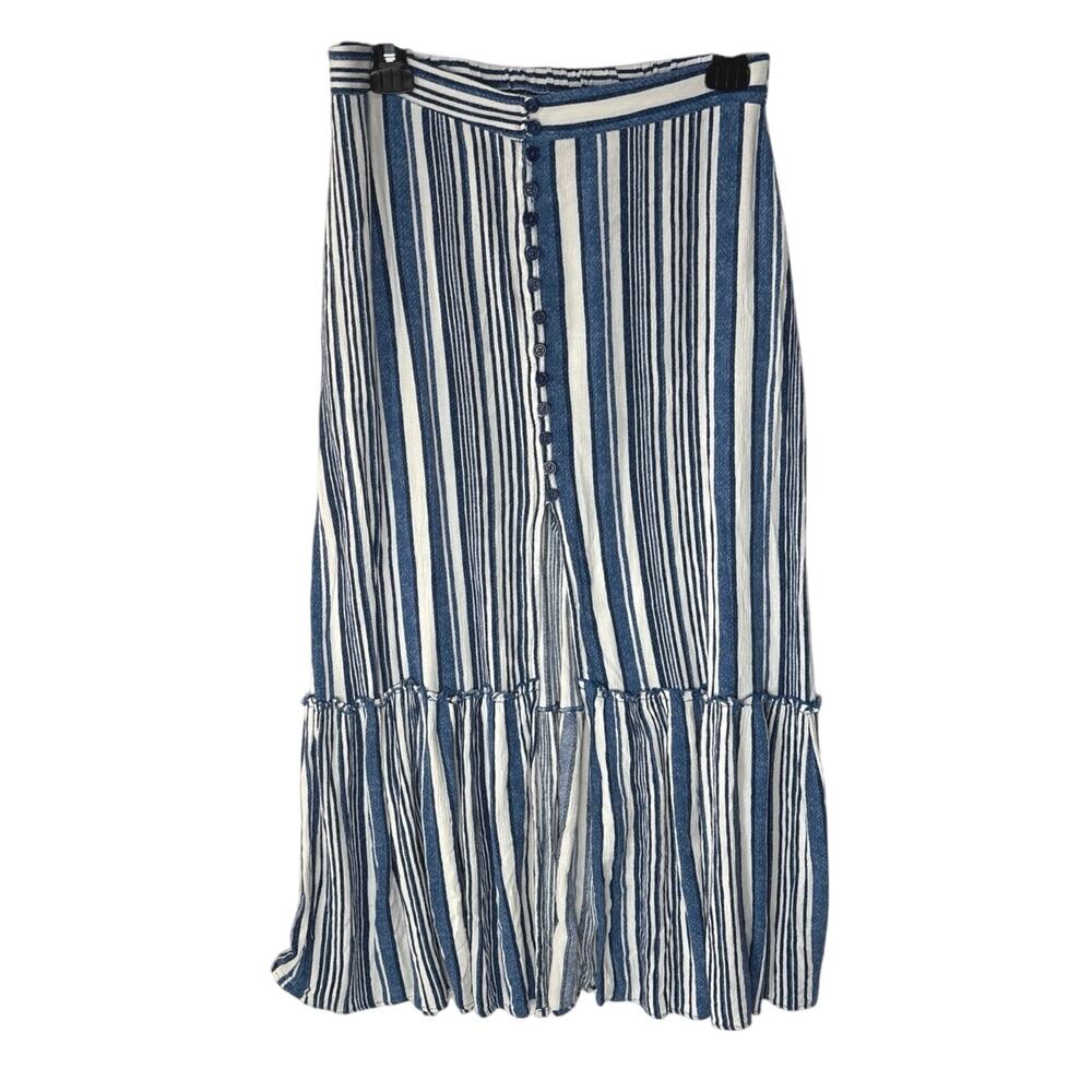 Band Of Gypsies Maxi Skirt Blue White Striped Pull On Button Front Slit Large